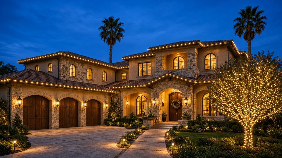 Warm white Christmas lights on a Carmel Valley-style family estate with a lit front-yard tree