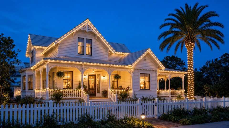 Warm white Christmas lights on a Coronado-inspired Victorian beach cottage with a picket fence