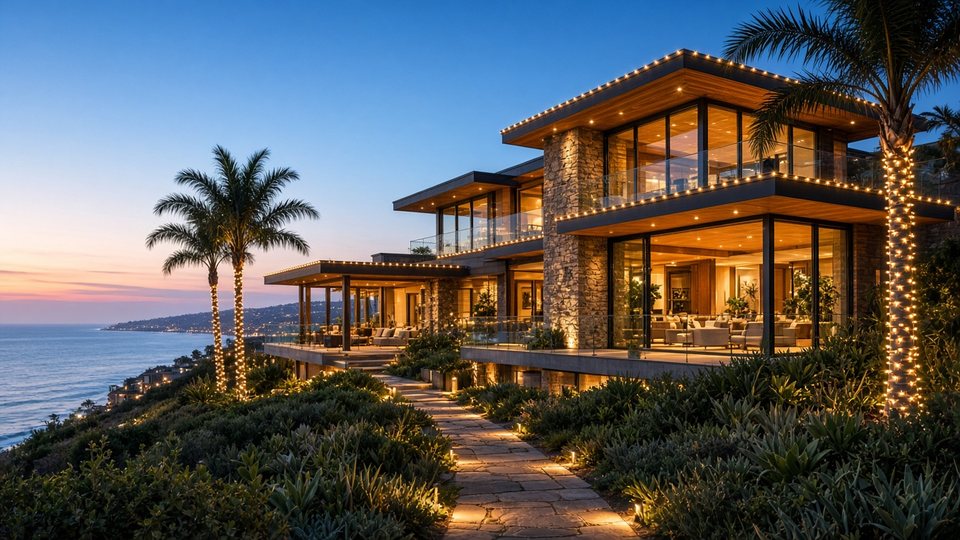 Warm white Christmas lights on a Del Mar-inspired coastal contemporary home above the ocean
