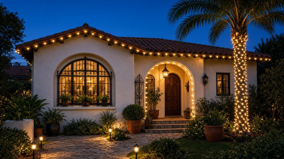Warm white Christmas lights on a Kensington-style Spanish bungalow with a wrapped palm tree