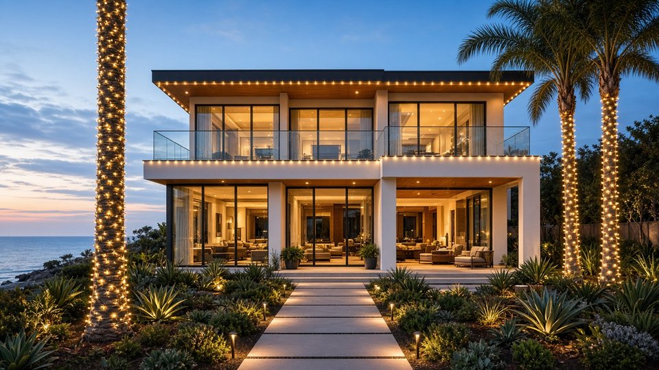 Warm white Christmas lights on a La Jolla-style coastal modern home with wrapped palm trees