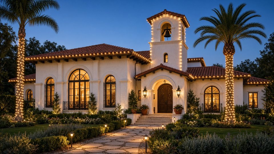 Warm white Christmas lights tracing a La Jolla-style Spanish revival home with a bell tower