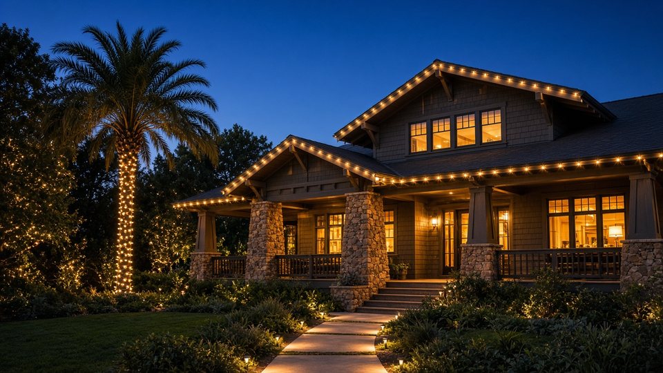 Warm white Christmas lights tracing the porch and gables of a Mission Hills-style Craftsman home