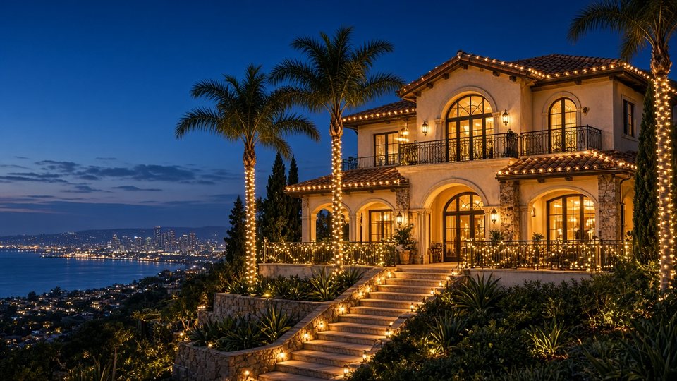 Warm white Christmas lights on a Point Loma-style hillside Mediterranean home with bay views