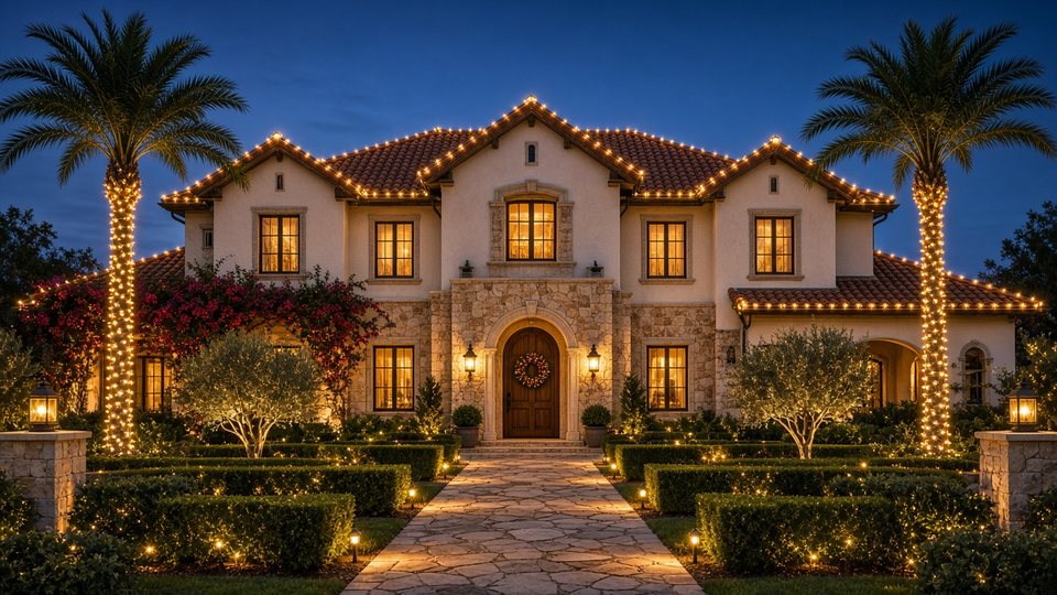 Warm white Christmas lights on a Rancho Santa Fe-style estate with tile gables, olive trees and palms