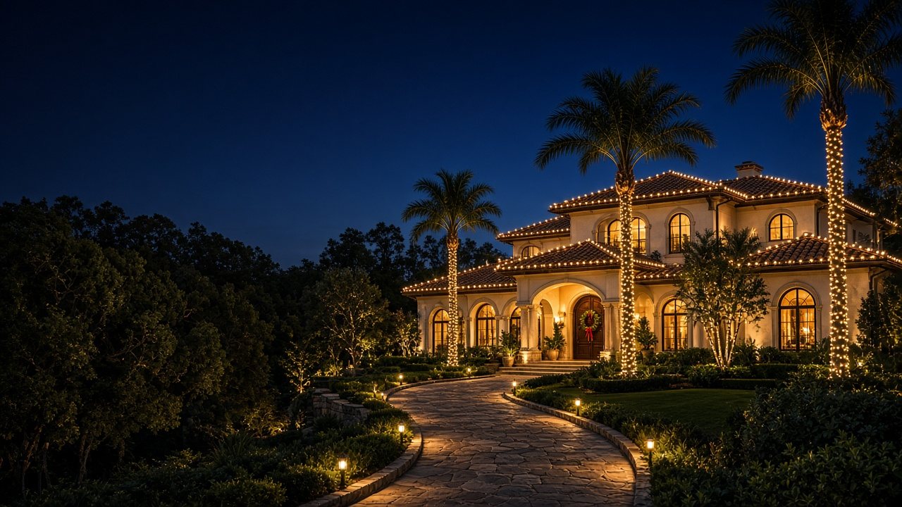Warm white Christmas lights on a Rancho Santa Fe-style Spanish estate with lit palm trees and driveway